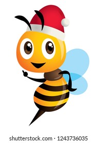 Merry Christmas! Cartoon cute bee character wearing Christmas hat - vector character mascot