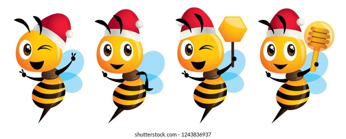 Merry Christmas! Cartoon cute bee mascot character series. Cartoon cute bee wearing Christmas hat. - Bee vector character set