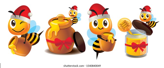 Merry Christmas. Cartoon cute bee mascot set. Cute bee wearing Christmas hat. Cartoon cute bee with honey pot set. Cute bee carries honey pot and organic honey bottle - Vector character mascot set