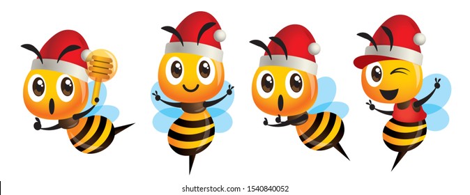 Merry Christmas! Cartoon cute bee mascot set. Cartoon cute bee wearing Christmas hat, showing victory sign, holding a honey dipper and wearing cap - Bee Vector character set