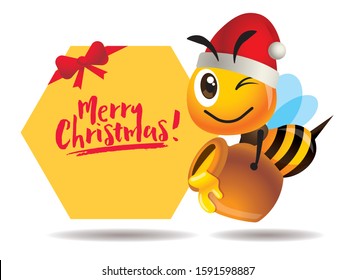 Merry Christmas. Cartoon cute bee carries honey pot with big Merry Christmas greeting signboard - vector