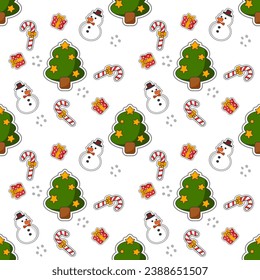 Merry Christmas cartoon so cute. On Christmas tree gift candy cane snowman white background. Pattern seamless vector illustration. 