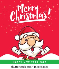 Merry Christmas. Cartoon cute Santa Claus with Christmas lettering greeting signboard - Vector character