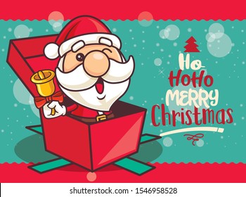 Merry Christmas. Cartoon cute Santa Claus holding Christmas bell sit inside gift box wishing Merry Christmas. - vector