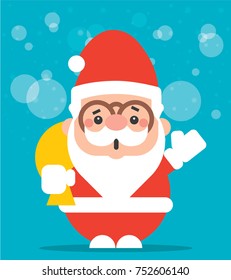 Merry Christmas! Cartoon cute Santa Claus carrying a big bag of Christmas present and waving hand happily! Flat vector mascot character.