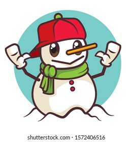 Merry Christmas. Cartoon cute snowman with red cap on blue circle background. - vector character