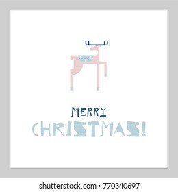 Merry Christmas  cartoon  deer flat style illustration  isolated on white background. Cute design of Xmas Greeting card. Traditional xmas print made in vector