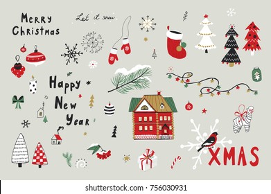 Merry Christmas cartoon doodle vector illustrations set