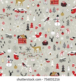 Merry Christmas cartoon doodle vector seamless hand drawn pattern
