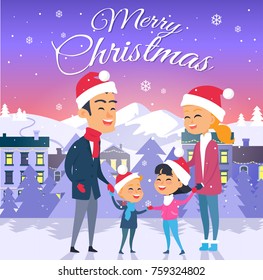 Merry Christmas. Cartoon family of four members in Santa Claus red hats in winter time. Vector illustration in flat style of happy people spending New Year holidays outdoors in decorated city.
