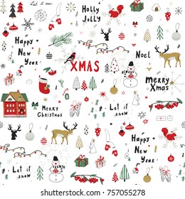 Merry Christmas cartoon funny doodle vector seamless pattern