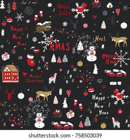 Merry Christmas cartoon funny doodle vector seamless pattern