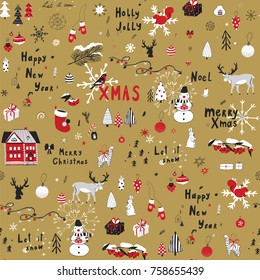 Merry Christmas cartoon funny doodle seamless pattern