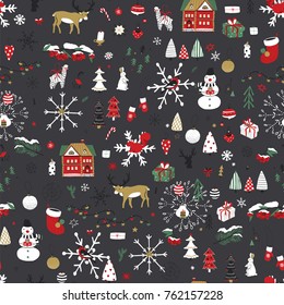 Merry Christmas cartoon funny doodle seamless pattern