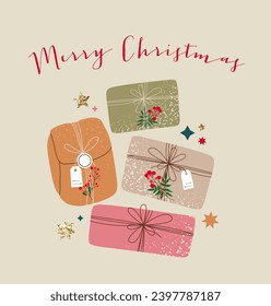 Merry Christmas cartoon gift boxes hand drawing with decorative bows and stars. Colorful holiday illustration. Flat style greeting card or invitation. Design for web and print.