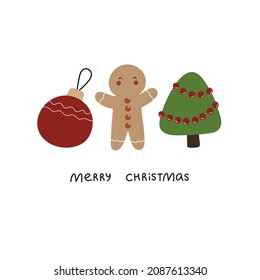 Merry Christmas. Cartoon gingerbread man, christmas tree, ball, hand drawing lettering. holiday theme. Colorful vector illustration, flat style. design for greeting cards, print, poster