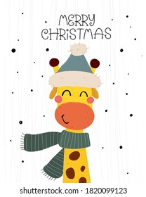 Merry Christmas. Cartoon giraffe, hand drawing lettering, decor elements. holiday theme, decor elements. Colorful vector illustration, flat style. design for greeting cards, print, poster