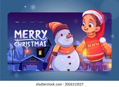 Merry Christmas cartoon landing with girl, snowman