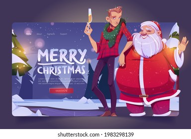 Merry Christmas cartoon landing page, Santa Claus and man with champagne glass stand on winter forest background with snowfall. Xmas and Happy New Year corporate party celebration, vector web banner