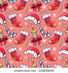 Merry Christmas, cartoon Christmas pattern, vector seamless pattern in the style of doodles, hand drawn