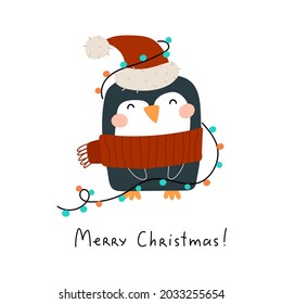 Merry Christmas. Cartoon penguin, hand drawing lettering. holiday theme. Colorful vector illustration, flat style. design for greeting cards, print, poster