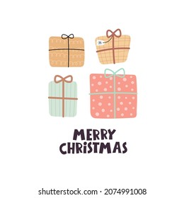 Merry Christmas. Cartoon present, hand drawing lettering. holiday theme. Colorful vector illustration, flat style. design for greeting cards, print, poster