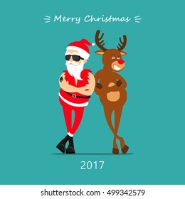 Merry Christmas! Cartoon reindeer Rudolf and Santa Claus. Greeting card 2017,  vector illustration