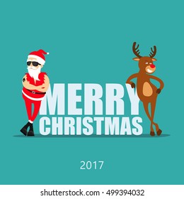 Merry Christmas! Cartoon reindeer Rudolf and Santa Claus. Greeting card 2017.