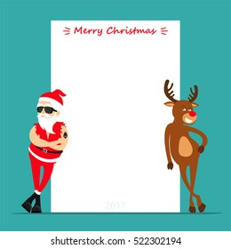 Merry Christmas! Cartoon reindeer Rudolf and Santa Claus. Greeting card 2019. Place for text. Vector illustration