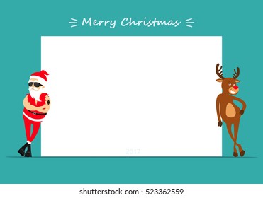 Merry Christmas! Cartoon reindeer Rudolf and Santa Claus. Greeting card 2018. Place for text. Vector illustration