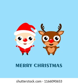 Merry Christmas! Cartoon reindeer Rudolph and Santa Claus. Greeting card 2019,  vector illustration