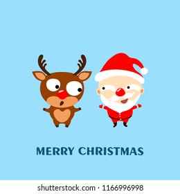 Merry Christmas! Cartoon reindeer and Santa Claus. Greeting card 2019,  vector illustration