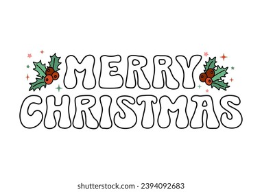 Merry Christmas cartoon retro lettering phrase on decorated background. Vintage vector winter illustration with text decor for card or poster. Positive nice holiday season quote for template or banner