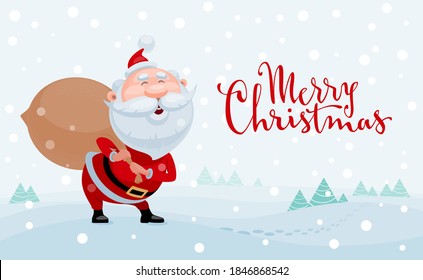 Merry Christmas. Cartoon Santa Claus standing with bag of gifts on on snowy landscape. RGB. Global color