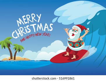 Merry Christmas Cartoon Santa Claus surfing a gnarly wave while giving the shaka hand sign. Background with copy space for tropical Christmas or after Christmas. EPS 10 vector.