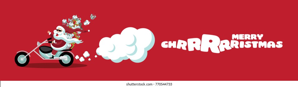 Merry Christmas cartoon Santa Claus riding a cool motorcycle banner. Santa delivers gifts for christmas. EPS 10 vector illustration.