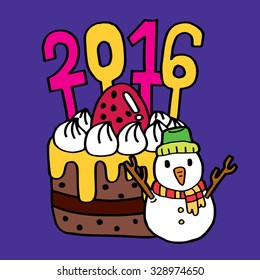 Merry Christmas Cartoon: A Snowman with a Cake in Purple Background