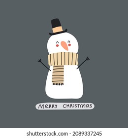 Merry Christmas. Cartoon snowman, hand drawing lettering. holiday theme. Colorful vector illustration, flat style. design for greeting cards, print, poster