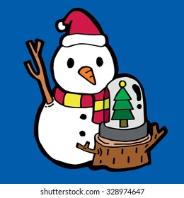 Merry Christmas Cartoon: A Snowman with A Snow Globe in Blue Background