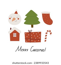 Merry Christmas. Cartoon snowman, Christmas tree, sock, presents, hand drawing lettering, décor elements. holiday theme. Colorful vector illustration, flat style. design for greeting cards, print, pos