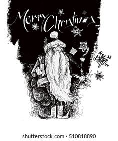 Merry Christmas! Cartoon Style Hand Sketchy drawing of a funny Santa Claus holding gift pack with blank/white background, vector illustration