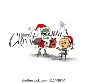 Merry Christmas! Cartoon Style Hand Sketchy drawing of a Little funny Baby Santa with Green Monster Santa holding gift pack, Vector illustration