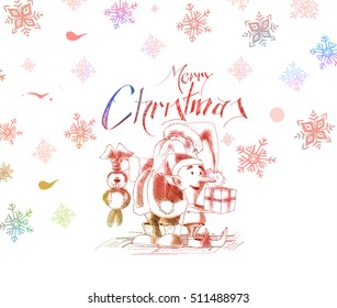 Merry Christmas! Cartoon Style Hand Sketchy drawing of a funny Santa Claus holding rabbit and snowmen holding a gift pack with colorful background, vector illustration