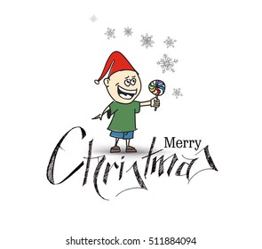 Merry Christmas! Cartoon Style Hand Sketchy drawing of a funny little Santa Claus Holding Candy with white background, vector illustration