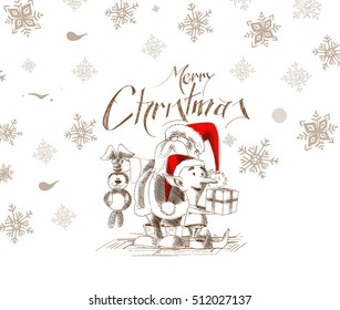 Merry Christmas! Cartoon Style Hand Sketchy drawing of a funny Santa Claus holding rabbit and snowmen holding a gift pack with snow background, vector illustration