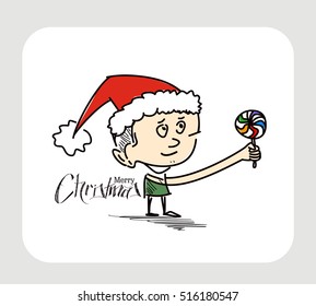 Merry Christmas! Cartoon Style Hand Sketchy drawing of a funny little Santa Claus Holding Candy with white background, vector illustration