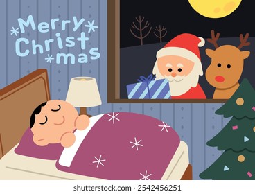 Merry Christmas cartoon style illustration. Santa and Rudolph are watching a sleeping child. Vector illustration poster. 