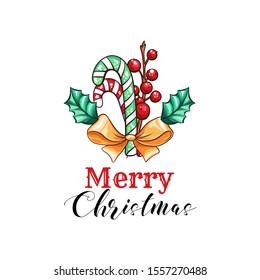 Merry Christmas cartoon vector banner template. Cute Santa red hat with candy sticks and mistletoe twig illustration. Happy New Year banner layout. December holidays wishes poster design