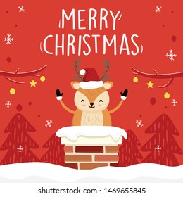 Merry Christmas Cartoon Vector Graphic - Cute Deer in Chimney Illustration - Red Greeting Cards Vector