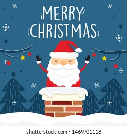 Merry Christmas Cartoon Vector Graphic Illustration - Cute Santa Claus Character in Chimney - Blue Greeting Cards Vector